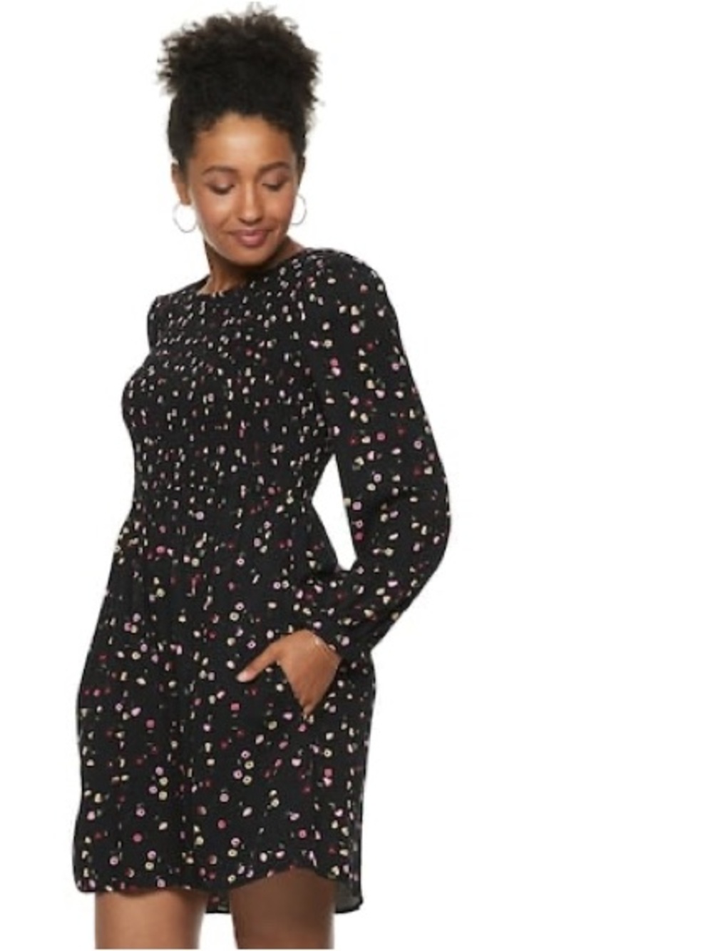 EUC 🖤 PopSugar Smocked Mini Dress with Pockets – Black Floral | Size XS